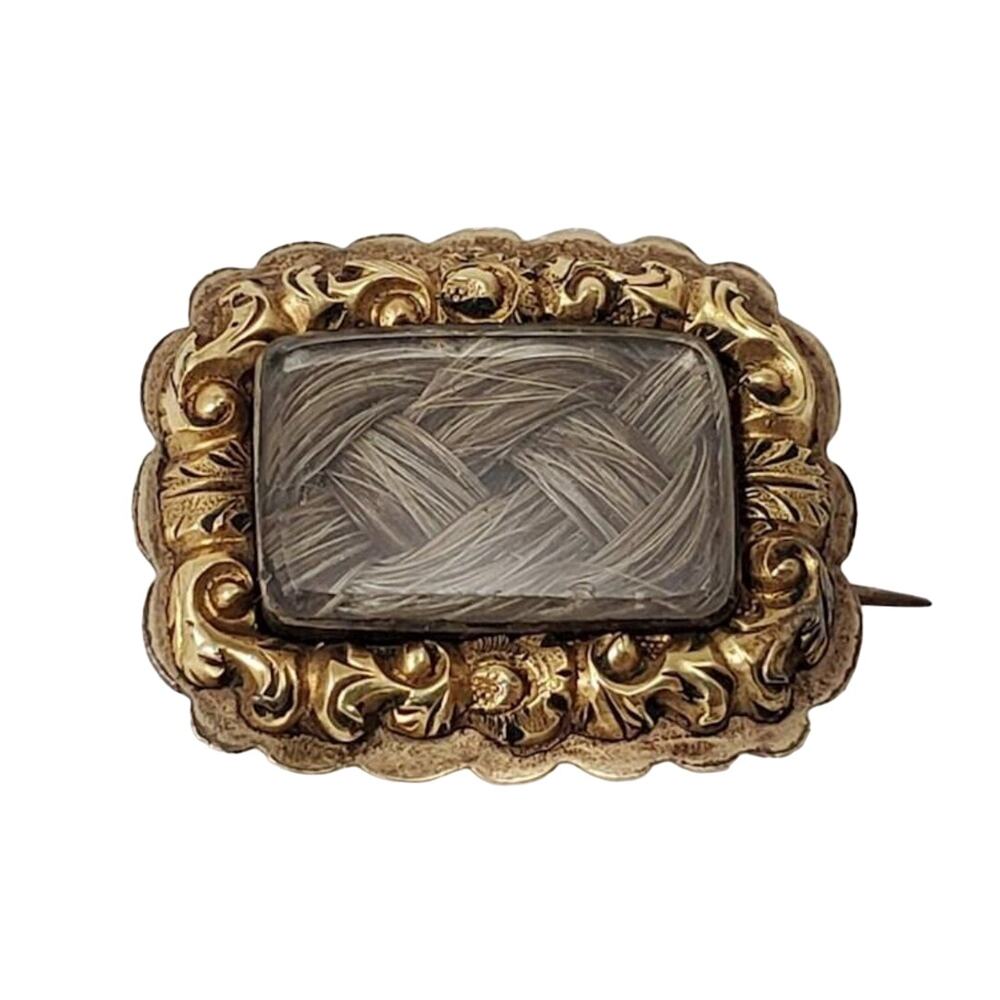 Engraved Antique Victorian Braided Hair Gold Filled Silver Brooch Pin Mourning